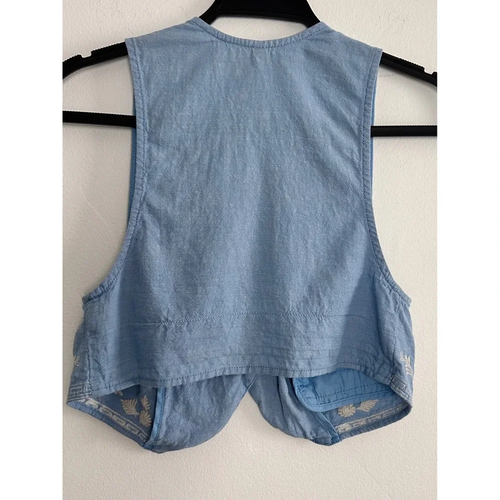 Free People Linen Blend Embroidered Cropped Vest Boho Floral Size 0 Western